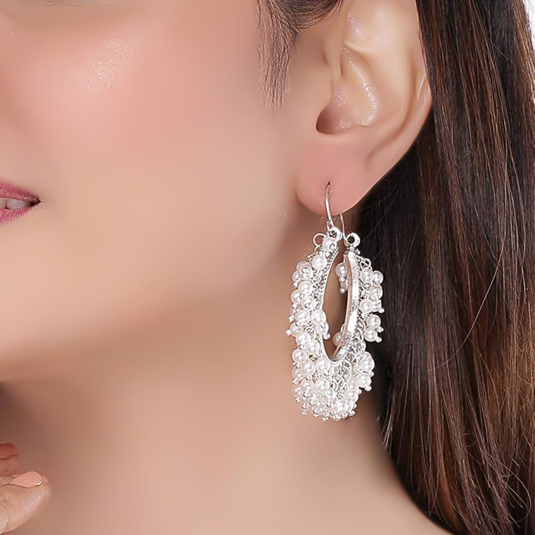 Kairangi Earrings for Women and Girls | Fashion Silver Pearl Hoop | Silver Tone Earring | Big Hoops | Accessories Jewellery for Women | Birthday Gift for Girls and Women Anniversary Gift for Wife