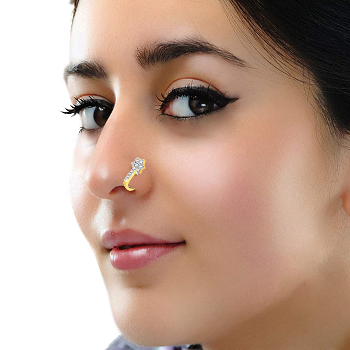 Yellow Chimes A5 Grade American Diamond Traditional Gold Plated Without Piercing Combo Nose Pins for Women & Girls