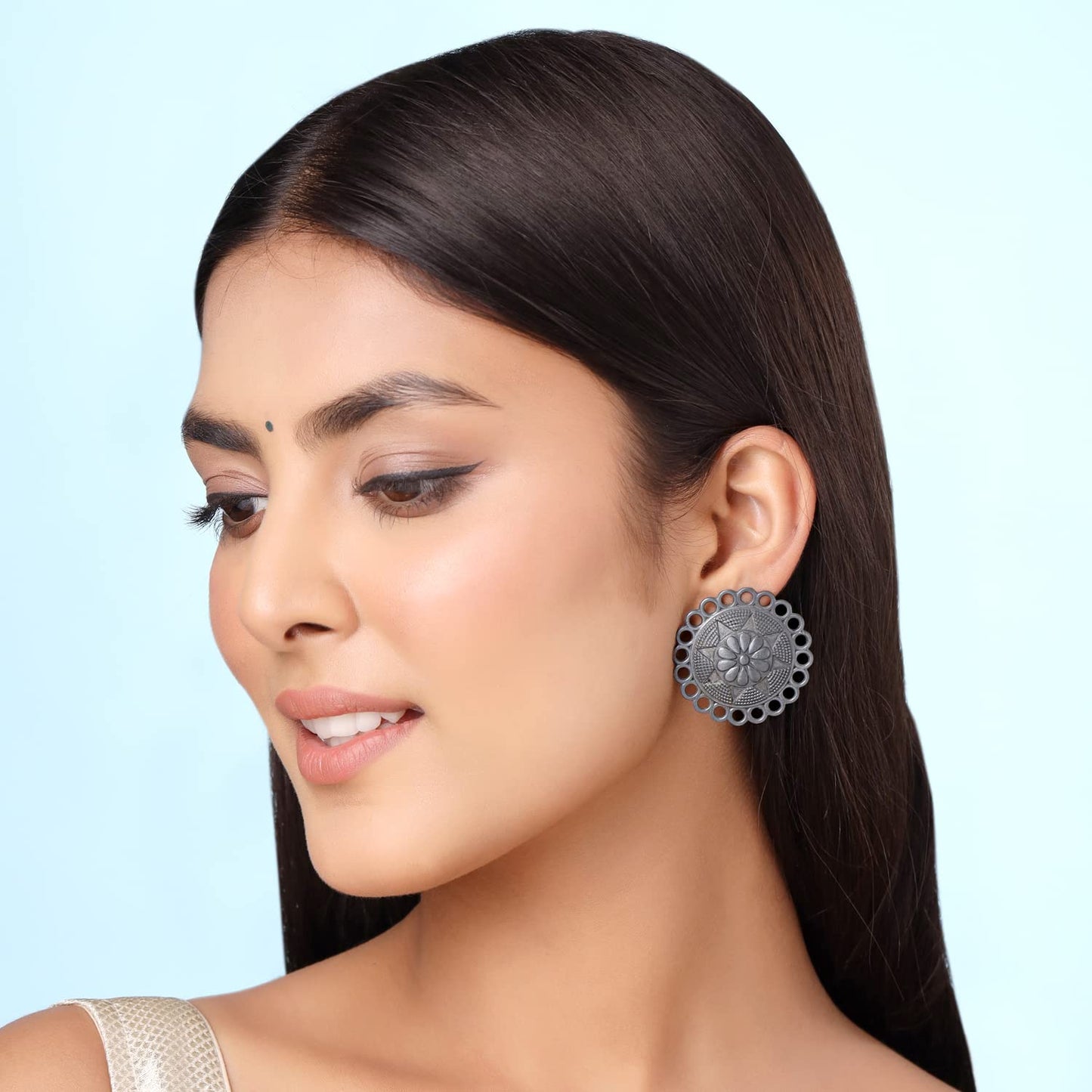 Yellow Chimes Earrings For Women Silver Oxidised Floral Designed Stud Earrings For Women and Girls