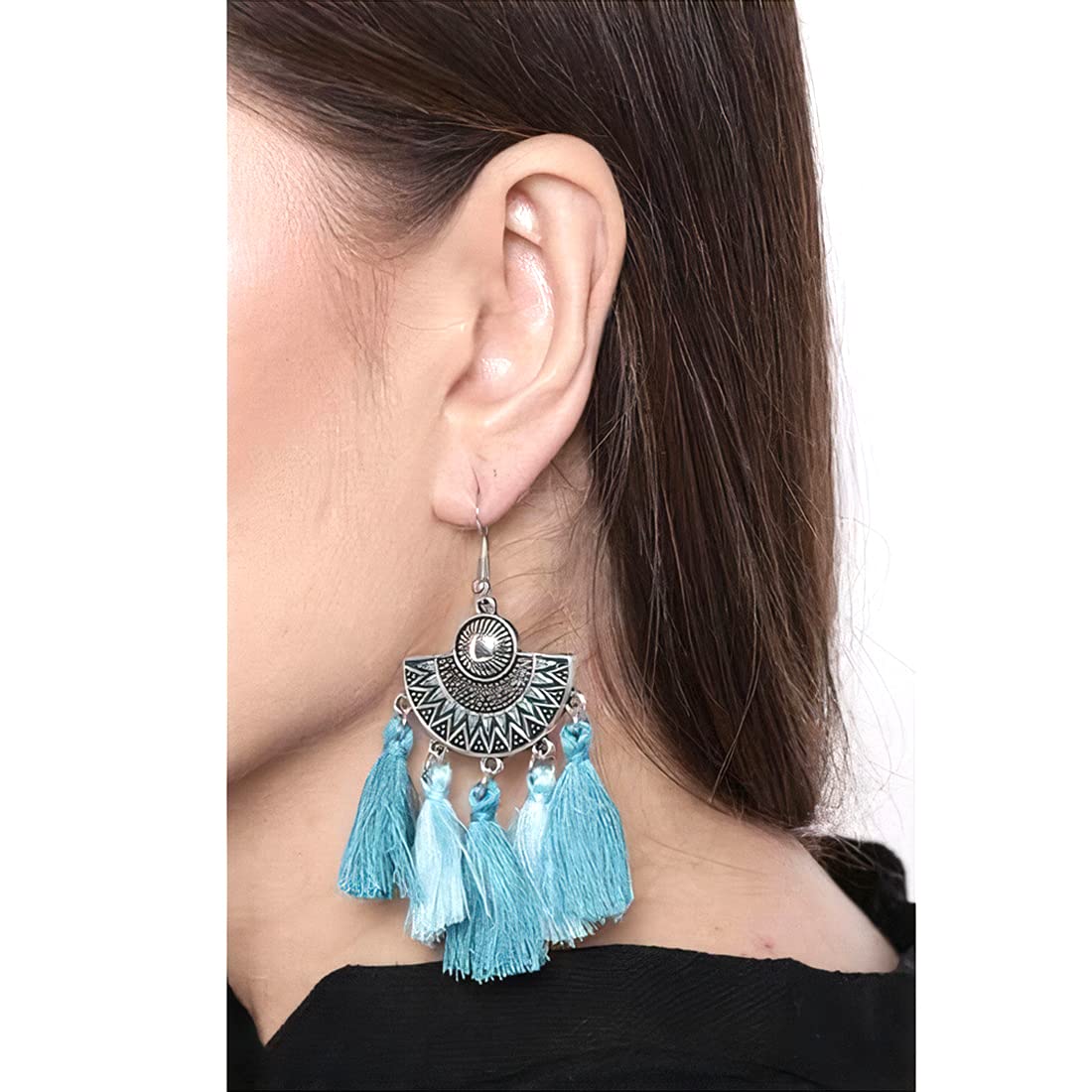 Kairangi Earrings for Women and Girls | Fashion Silver Oxidised Looks Green Fabric Tassel Earring | Silver Tone Tassel Western Earrings | Birthday Gift for Girls and Women Anniversary Gift for Wife