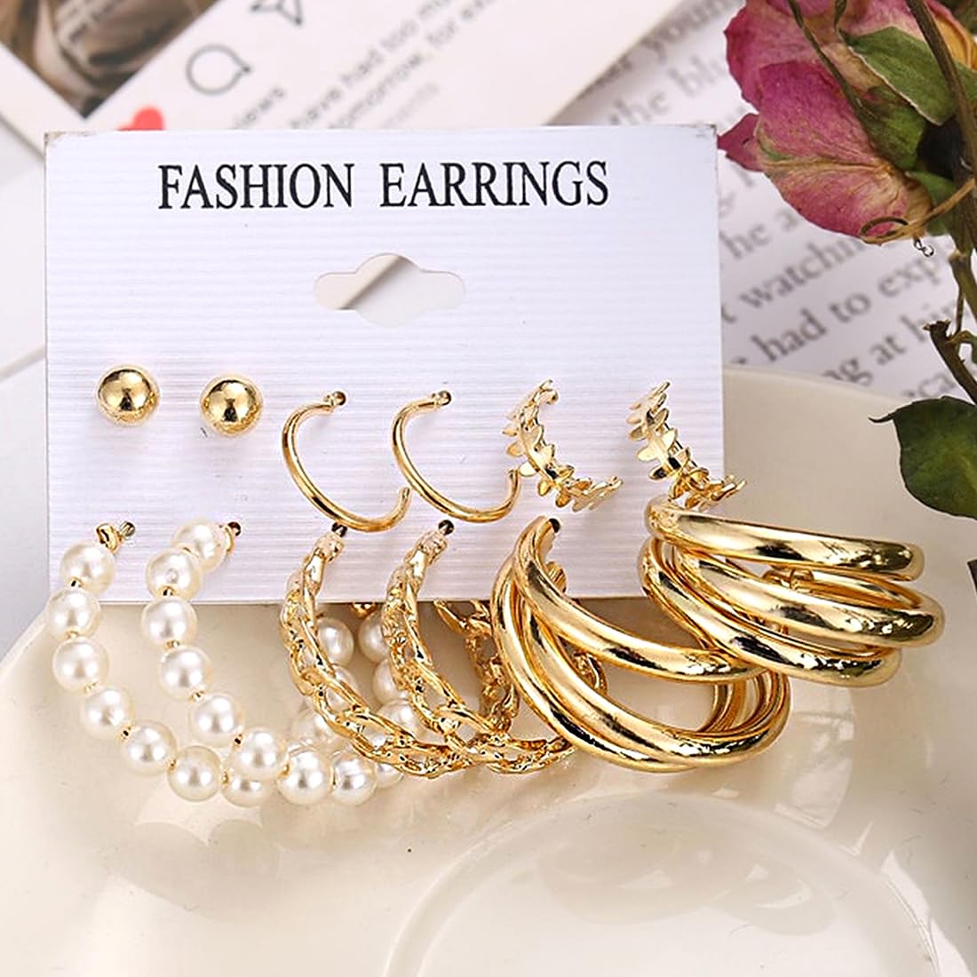 Yellow Chimes Earrings for Women and Girls Fashion White Pearl Hoops Set | Gold Plated Combo of 12 Pairs Stud Hoop Earring Set | Birthday Gift for girls and women Anniversary Gift for Wife