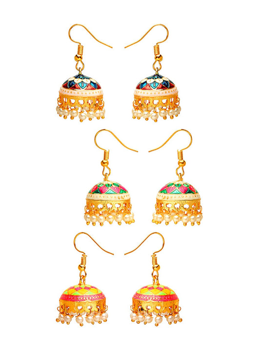 Yellow Chimes Meenakari Jumka Earrings with Ethnic Design Gold Plated Traditional Beads Combo of 3 pair for Women and Girls