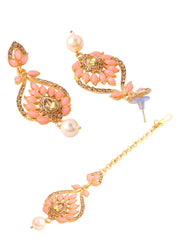 Yellow Chimes Mangtika and Earring Set for Women Gold-Plated Pink Stone-Studded Leaf Design Earrings With Maangtikka For Women and Girls