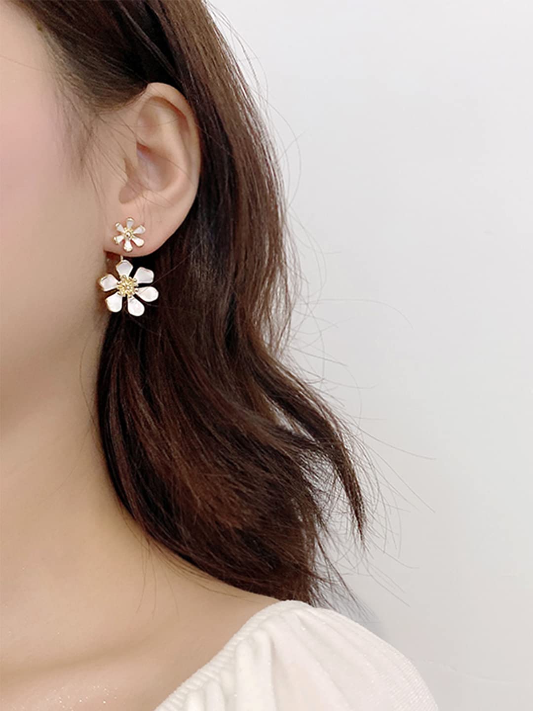 Yellow Chimes Earrings For Women Gold Tone White Double Drop Flower Designed Earrings For Women and Girls