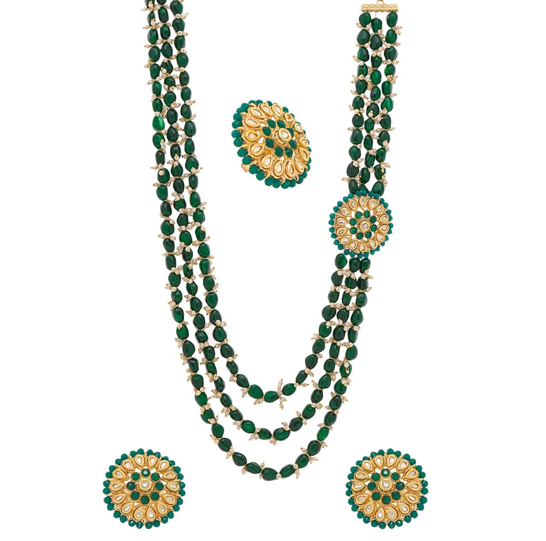 Yellow Chimes Jewellery Set For Women Multilayered Green Beads Necklace Set Traditional Gold Plated Long Necklace Set I Ethnic Kundan Beads Birthday Gift for Girls & Women Anniversary Gift for Wife