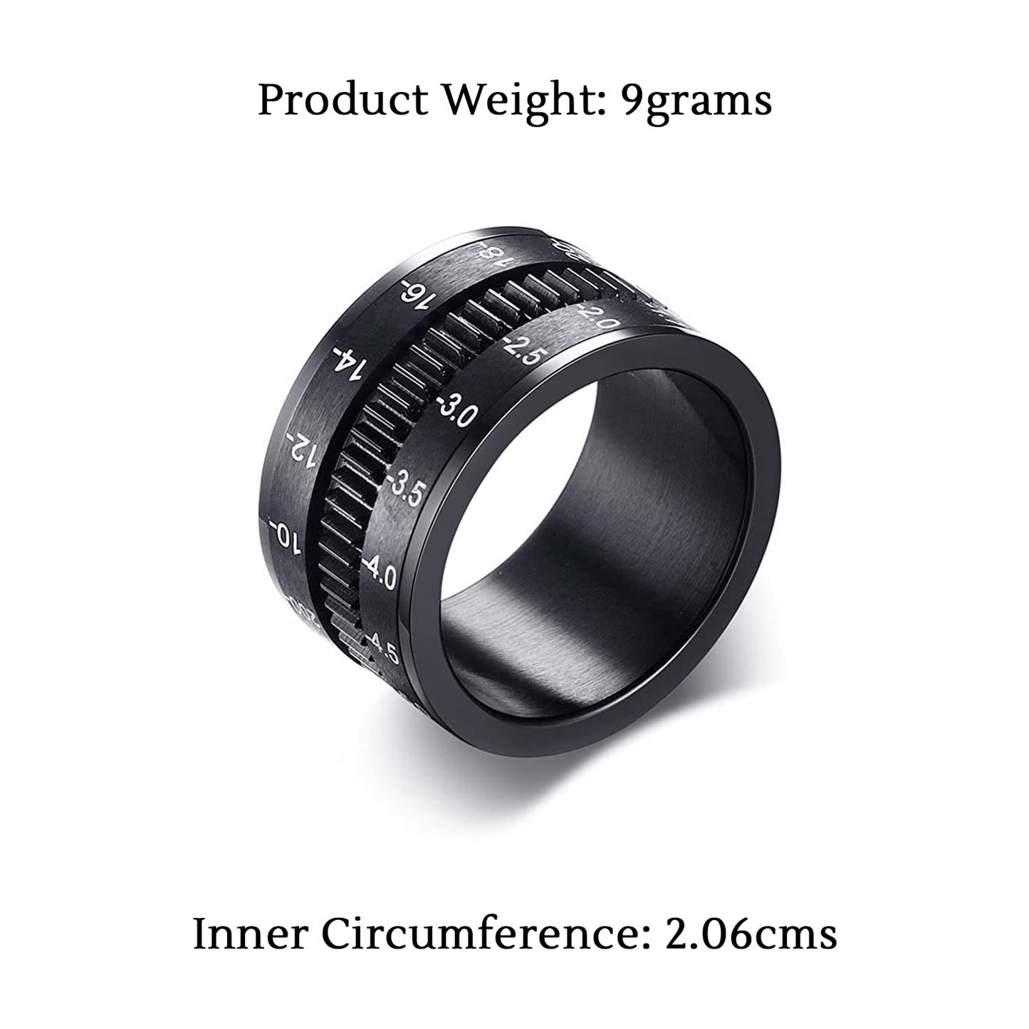 Yellow Chimes Rings for Men Black Spinner Ring Stainless Steel Camera Lens Design Revolving Band Ring for Men and Boys.