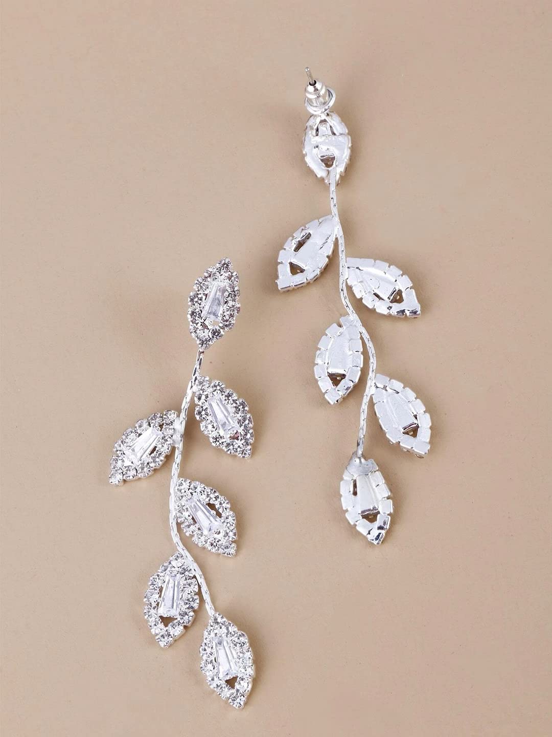 Yellow Chimes Earrings For Women Silver Tone Elegant Leaf Designed Crystal Studded Linear Drop Dangler Earrings For Women and Girls