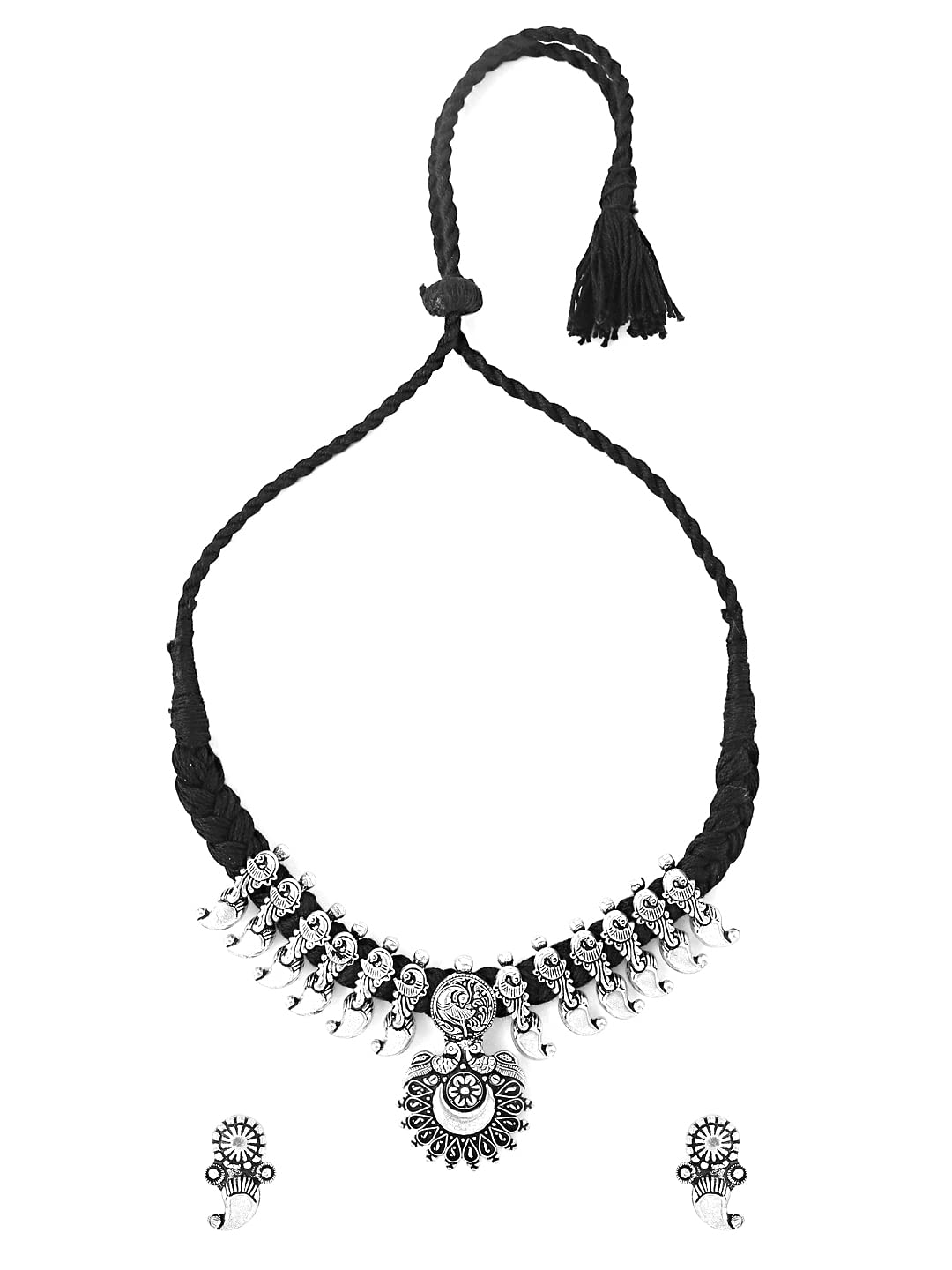 Yellow Chimes Oxidised Necklace Set Silver Kolhapuri Necklace Traditional Necklace Set For Women & Girls