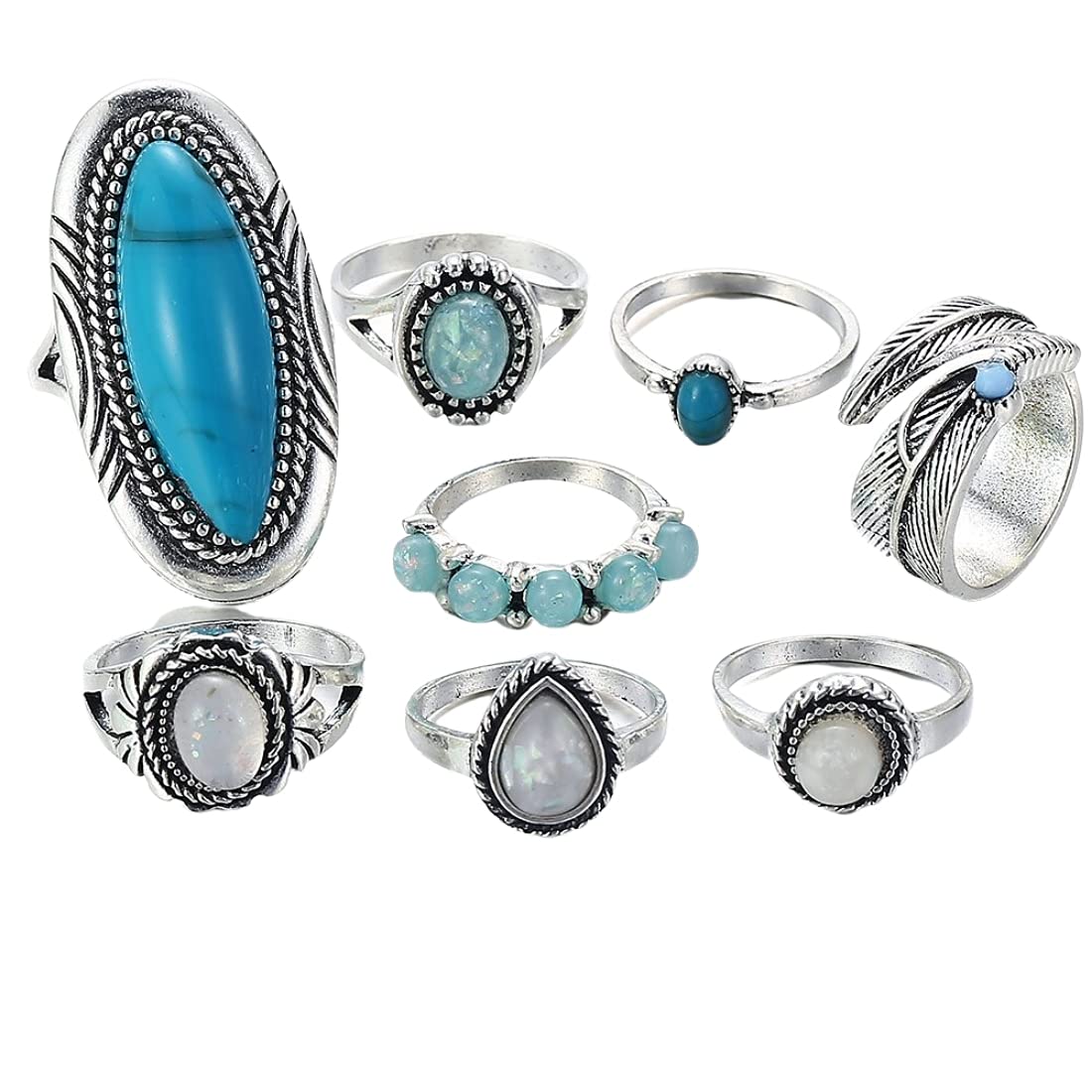 Yellow Chimes Rings for Women 8 Pcs Rings Set Turquoise Stone Vintage Style Midi Finger Silver Oxidised Knuckle Rings Set for Women and Girls.