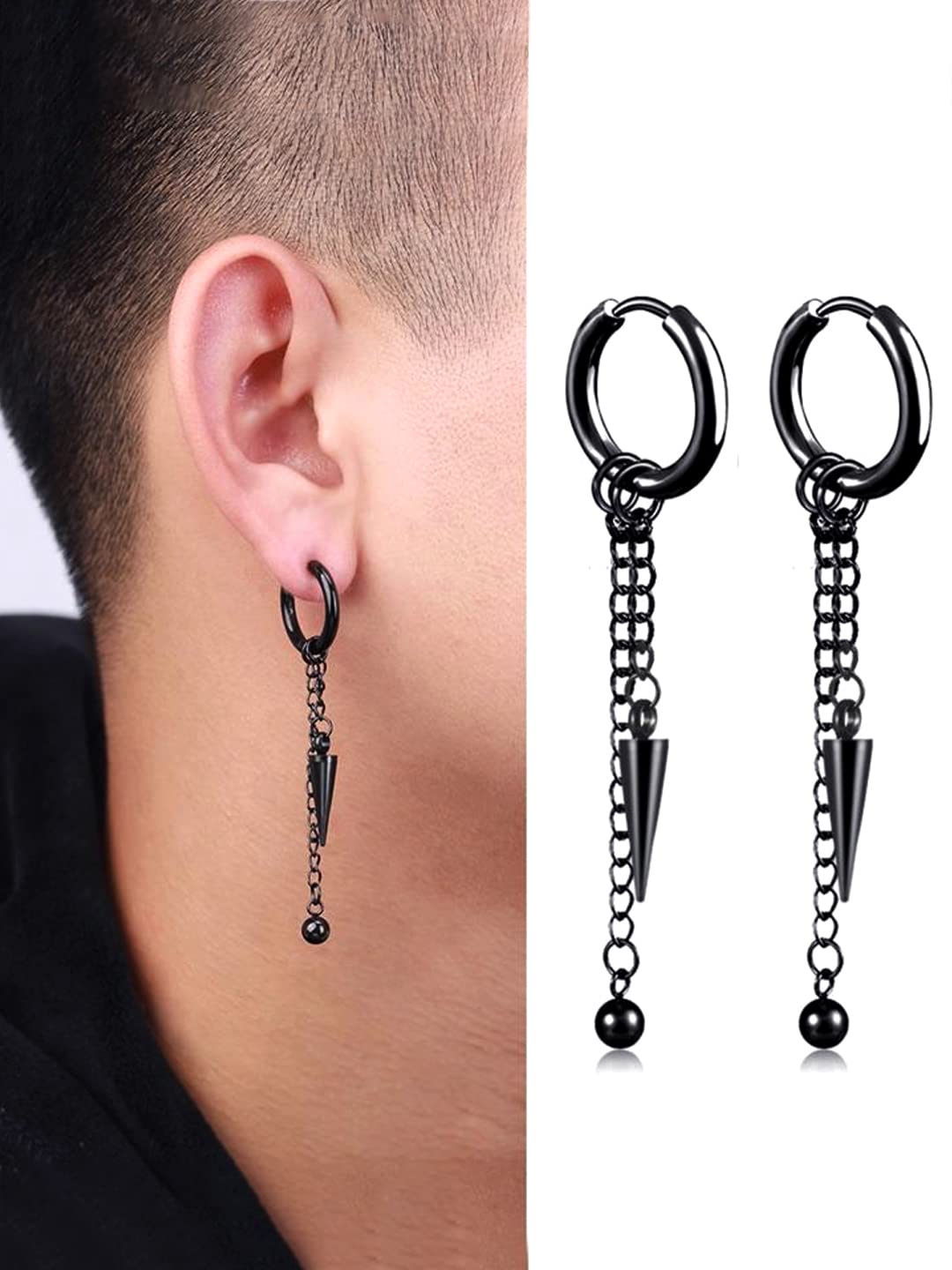 Kairangi Earrings for Men and Boys 3 Pcs Stainless Steel Dangler Huggie Hoop Earrings for Men | Accessoriess Jewellery for Men | Birthday Gift for Men and Boys Anniversary Gift for Husband