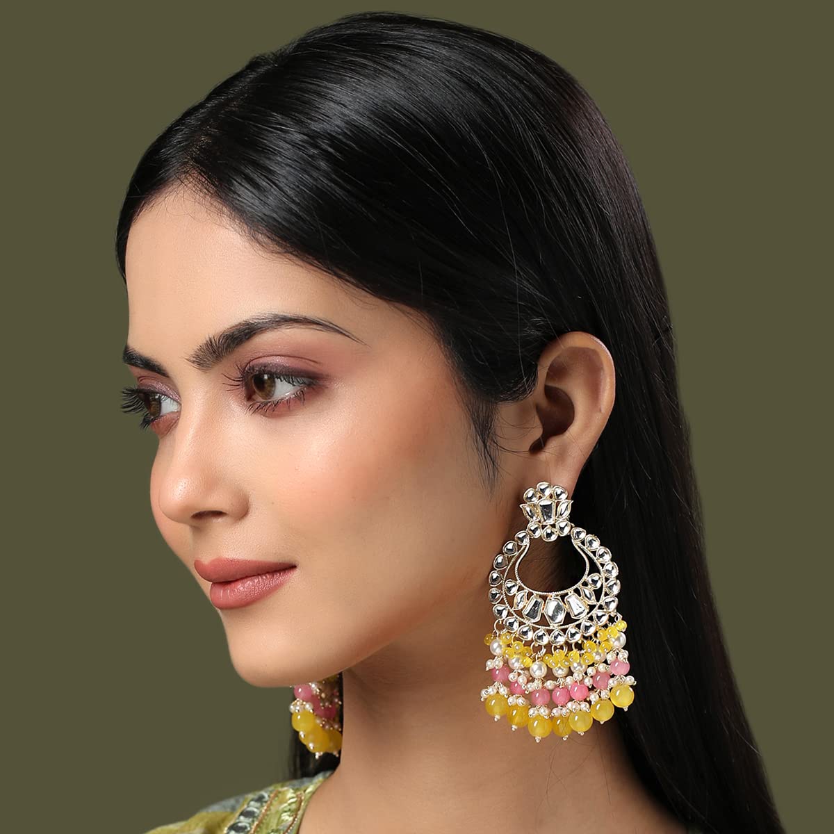 Yellow Chimes Earrings for Women and Girls Traditional Kundan Chandbali | Gold Plated Kundan Studded Yellow Beads Drop Chandbali Earrings | Birthday Gift for girls and women Anniversary Gift for Wife