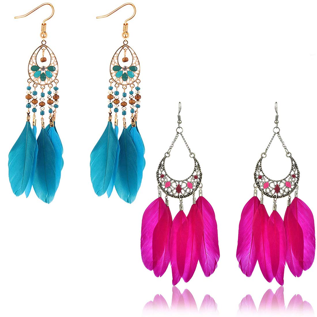 Yellow Chimes 2 Pairs Combo Trending Feathers Latest Style Long Tassel Drop Earrings for Women & Girls