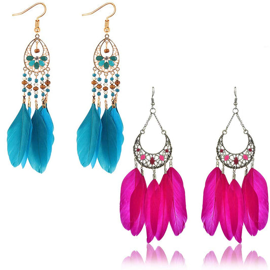 Yellow Chimes 2 Pairs Combo Trending Feathers Latest Style Long Tassel Drop Earrings for Women & Girls