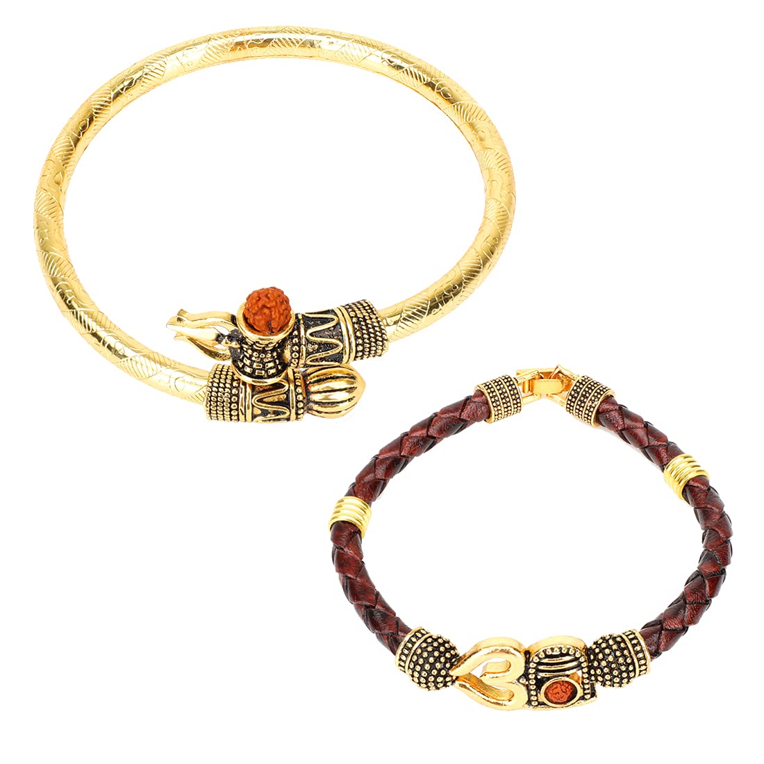 Yellow Chimes Combo of Two Oxidized Gold Shiva Trishul Rudraksha Damroo Kada Bracelet Bangle for Men and Boys