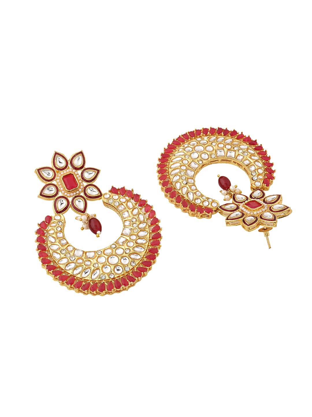 Yellow Chimes Earrings For Women Gold Tone White and Red Kundan Studded Chandbali Earrings For Women and Girls