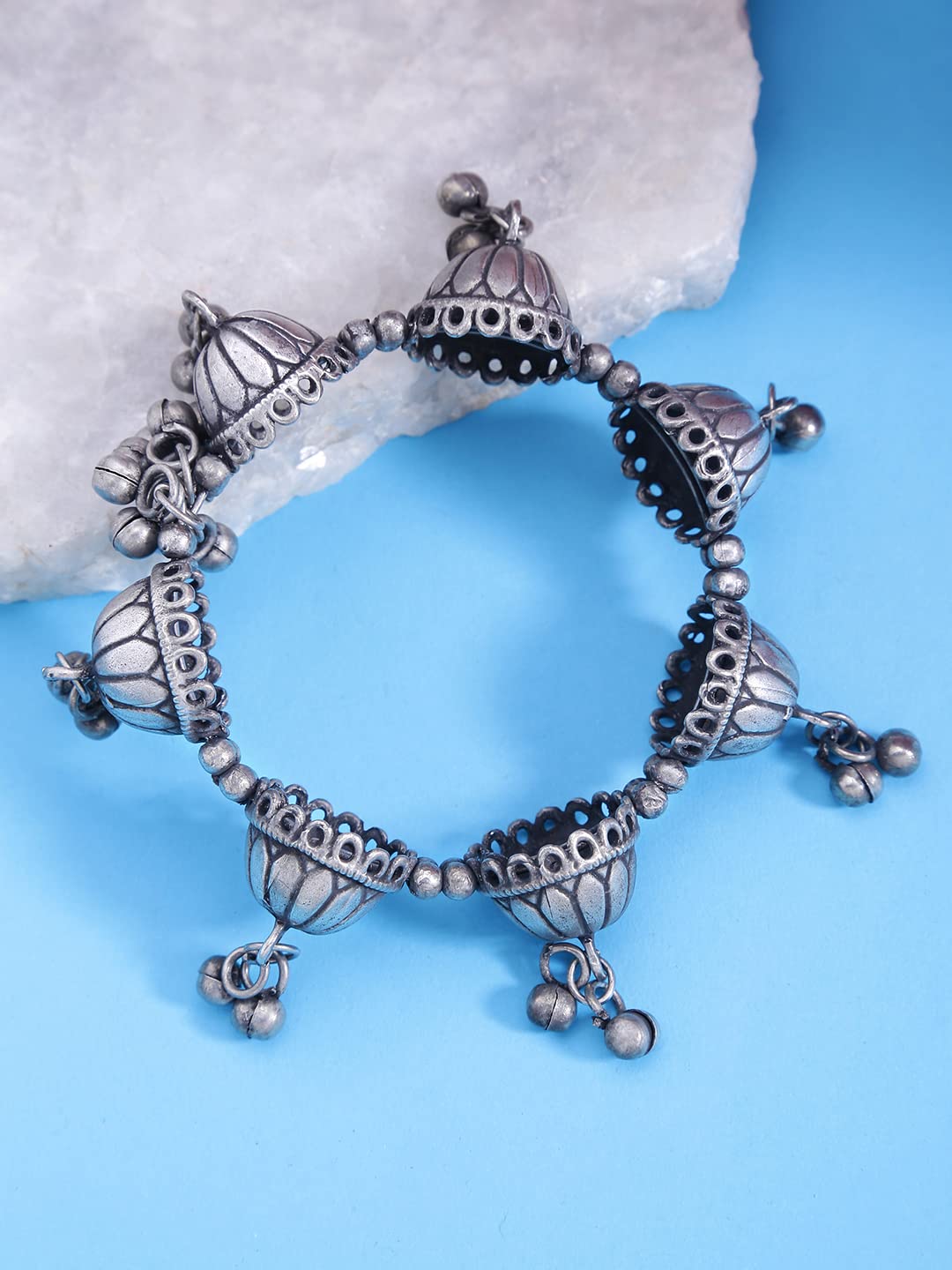 Yellow Chimes Oxidised Bangle for Women Silver Oxidised Bangle Bracelet Adjustable Ghoongru Latkan Antique Kada Bangle For Women and Girls.