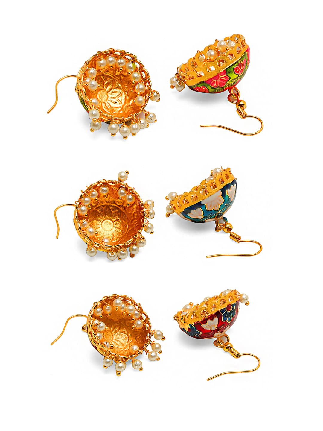 Yellow Chimes Meenakari Jumka Earrings with Ethnic Design Gold Plated Traditional Beads Combo of 3 pair for Women and Girls