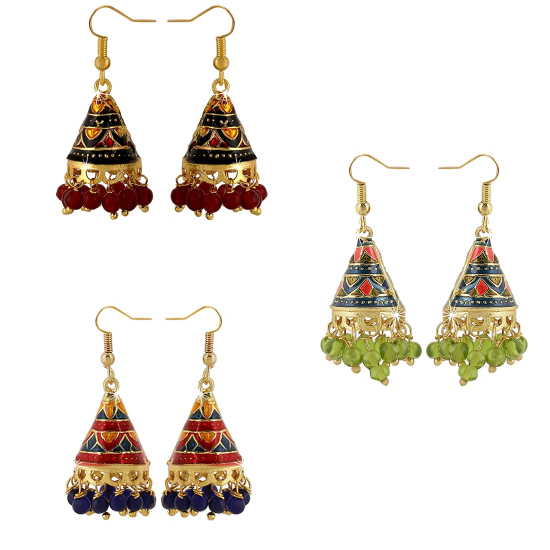 Yellow Chimes Craftsmanship Work Meenakari Handcrafted Jaipur Rajasthani Style Traditional Gold Plated Multicolour Jhumka/Jhumki Earrings for Women - Combo of 3 Pair