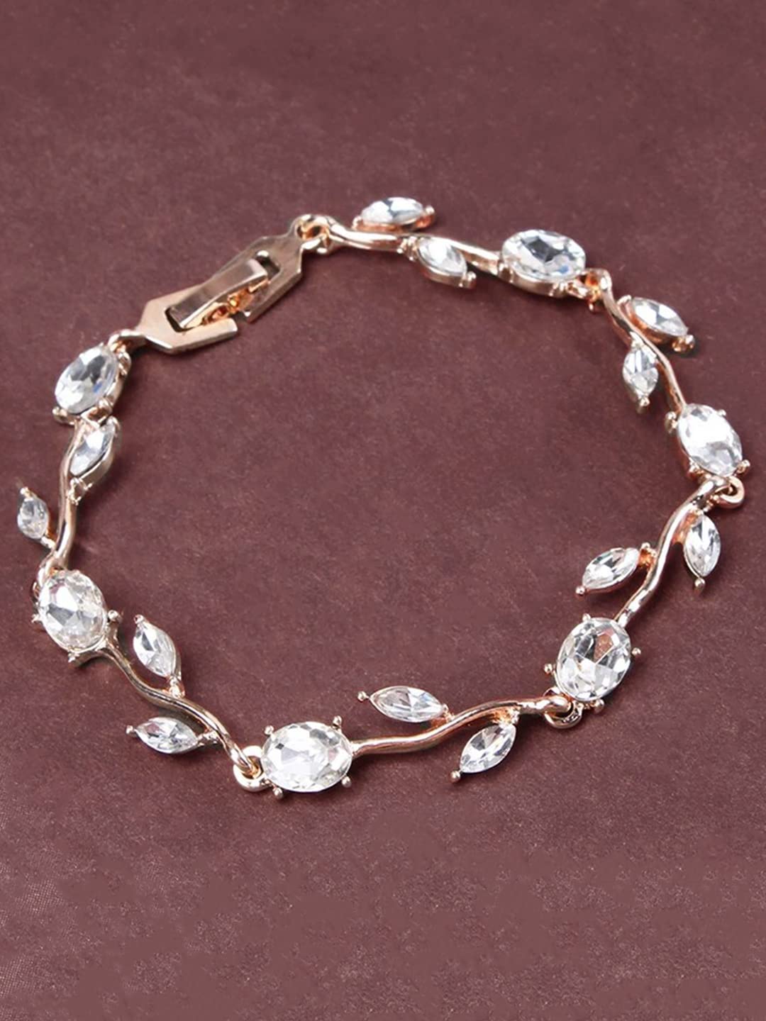 Kairangi Bracelet for Women & Girls White Crystal Bracelets for Women | Rose Leaf Shaped Rose Gold Plated Crystal Bracelet | Birthday Gift for Girls & Women Anniversary Gift for Wife