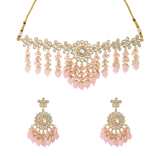 Yellow Chimes Jewellery Set for Women and Girls Traditional Kundan Necklaces Set | Gold Plated Pink Beads Drop Kundan Set | Birthday Gift for girls and women Anniversary Gift for Wife