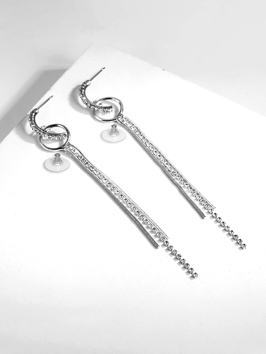 Kairangi Earrings for Women and Girls Silver Crystal Dangler Earrings | Silver Toned Long Chain Danglers Earrings for Women | Birthday Gift for girls and women Anniversary Gift for Wife