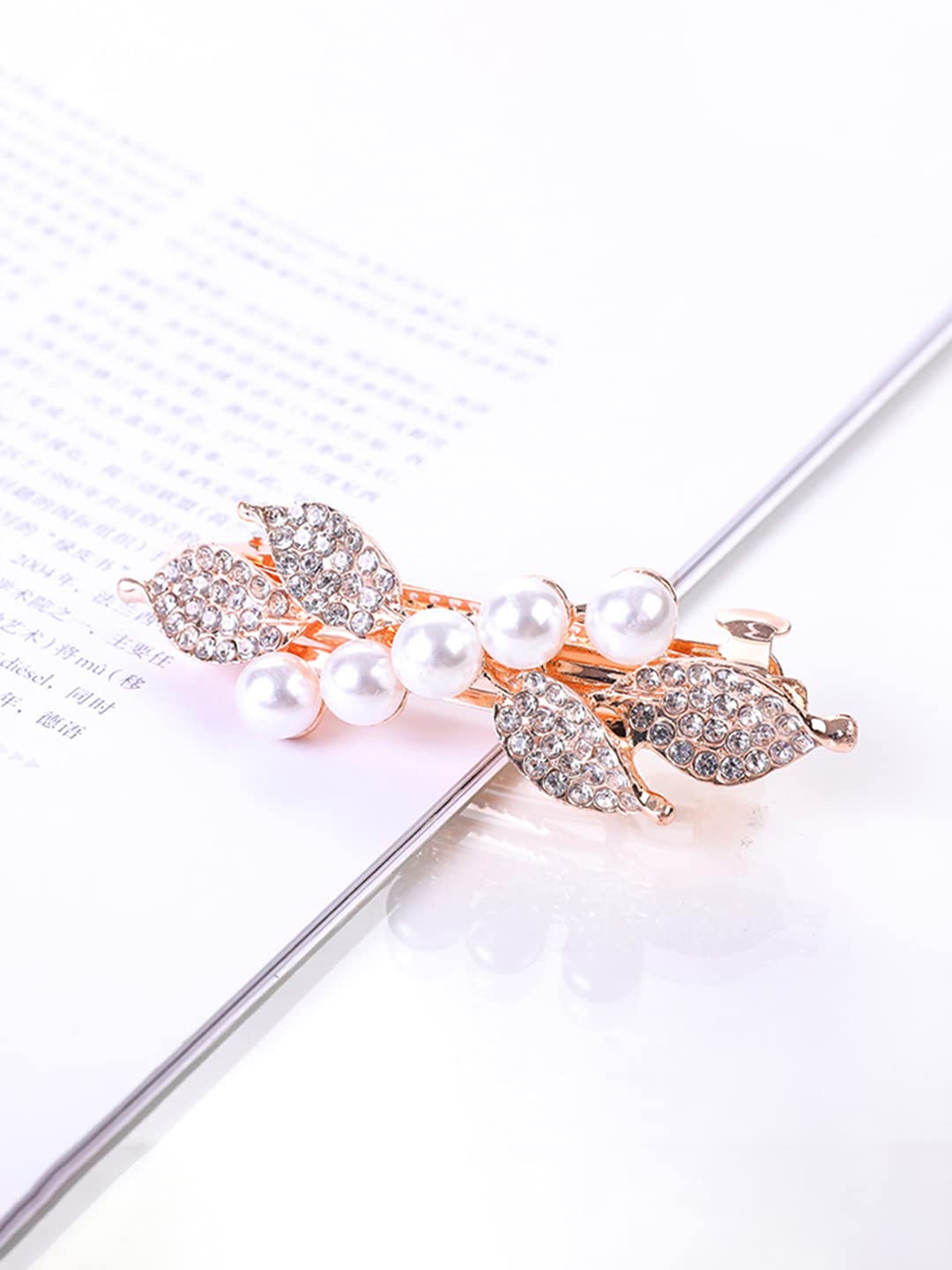 Yellow Chimes Hair Clips for Girls and Women Gold Plated Pearl Beaded Designed White Stone Studded French Baratte Hair Clip for Women and Girls
