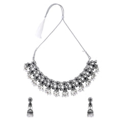 Yellow Chimes Jewellery Set For Women Silver Oxidised Black Stone Studded Floral Designed Pearl Beads Hanging Choker Necklace Set For Women and Girls