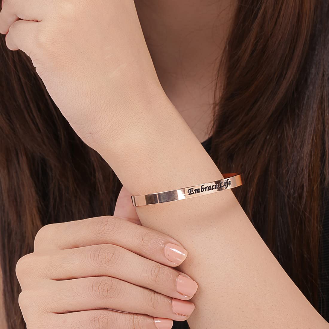 Yellow Chimes Bracelet for Women and Men | Fashion Rose Gold Cuff Kadaa Bracelets for Girls and Boys | Rose Gold Plated Hand Cuff Kadaa | Inspirational Gifts EMBRACE LIFE Message Stainless Steel Unisex Karma Band Kada Bracelet | Birthday Gift for Girls