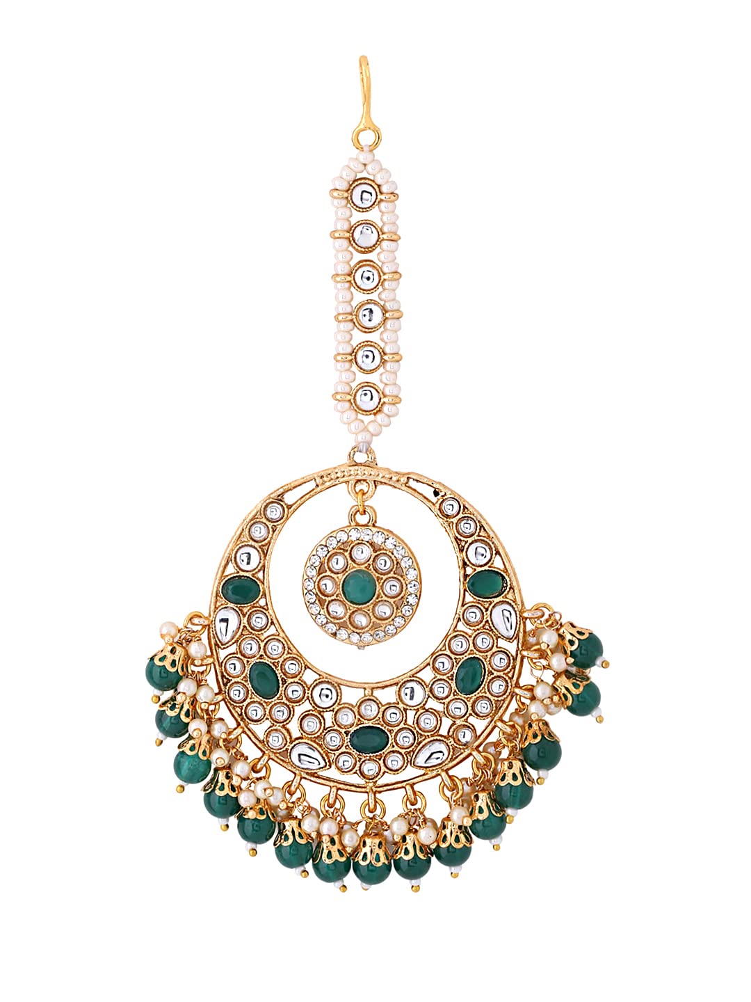 Yellow Chimes Maang Tikka for Women Kundan Studded Green Pearl Gold Plated Chandbali Designed Maang Tikka for Women and Girls