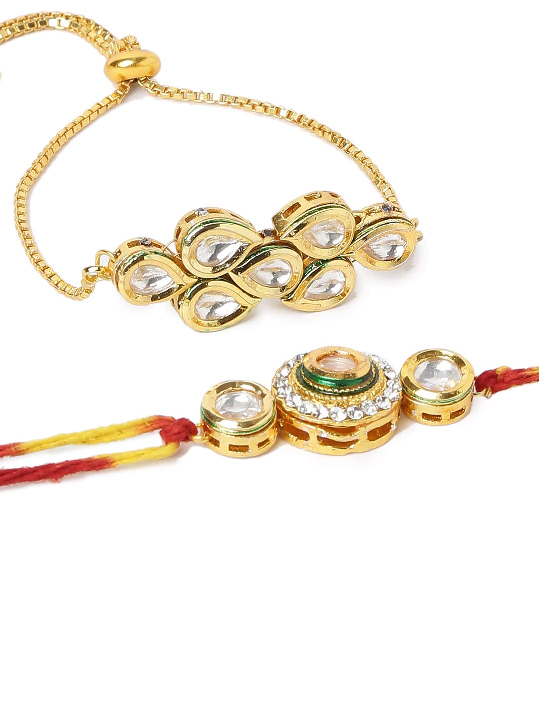 Yellow Chimes Rakhi for Brother and Bhabhi Gold Plated Kundan Bhaiya Bhabhi Rakhi Set Handmade Dori Worked Rakhi Combo of 2 PCs Men Rakhi Bracelet With Roli & Chawal