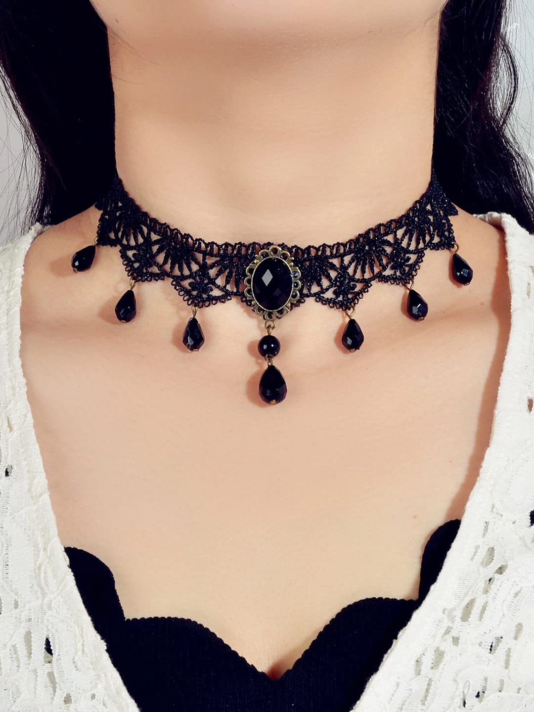 Yellow Chimes Necklace For Women Black Fabric Lace With Black Stone Hanging Choker Necklace For Women and Girls