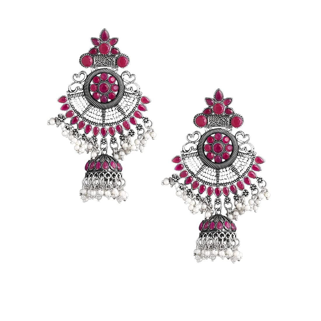 Yellow Chimes Oxidised Earrings for Women Ethnic Silver Oxidised Pink Stones Moti Traditional Pink Chandbali Earrings for Women and Girls