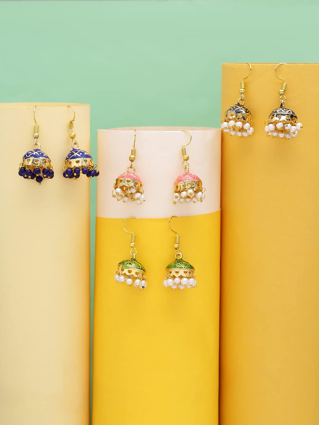 Yellow Chimes Earrings for Women and Girls Meenakari Jhumka | Gold Plated | Dome Shape Jhumki Combo Earrings | Birthday Gift for girls and women Anniversary Gift for Wife