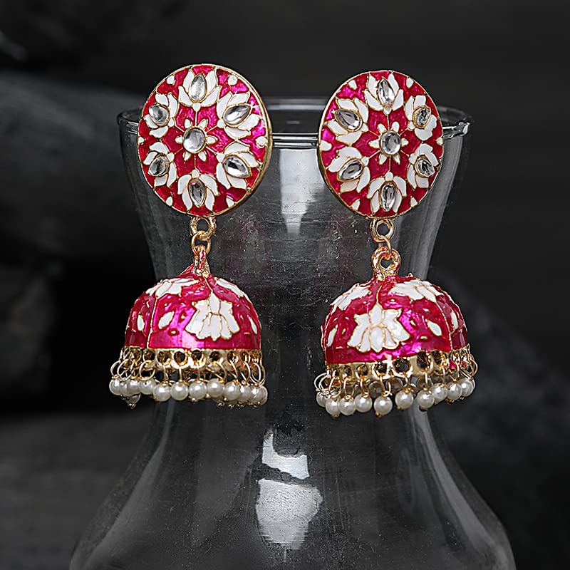 Kairangi Earrings for Women and Girls | Traditional Pink Meenakari Jhumka | Gold Plated Kundan Jhumkas | Floral Jhumki Earrings | Birthday Gift for Girls and Women Anniversary Gift for Wife