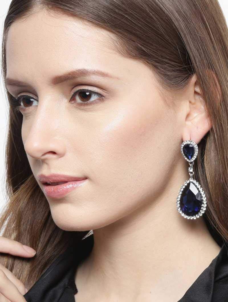 Yellow Chimes Earrings for Women and Girls | Fashion Blue and White Stone Crystal Earring | Silver Tone Drops | Oval Shaped Eye Catched Drop Earrings | Accessories Jewellery for Women | Birthday Gift for Girls and Women Anniversary Gift for Wife