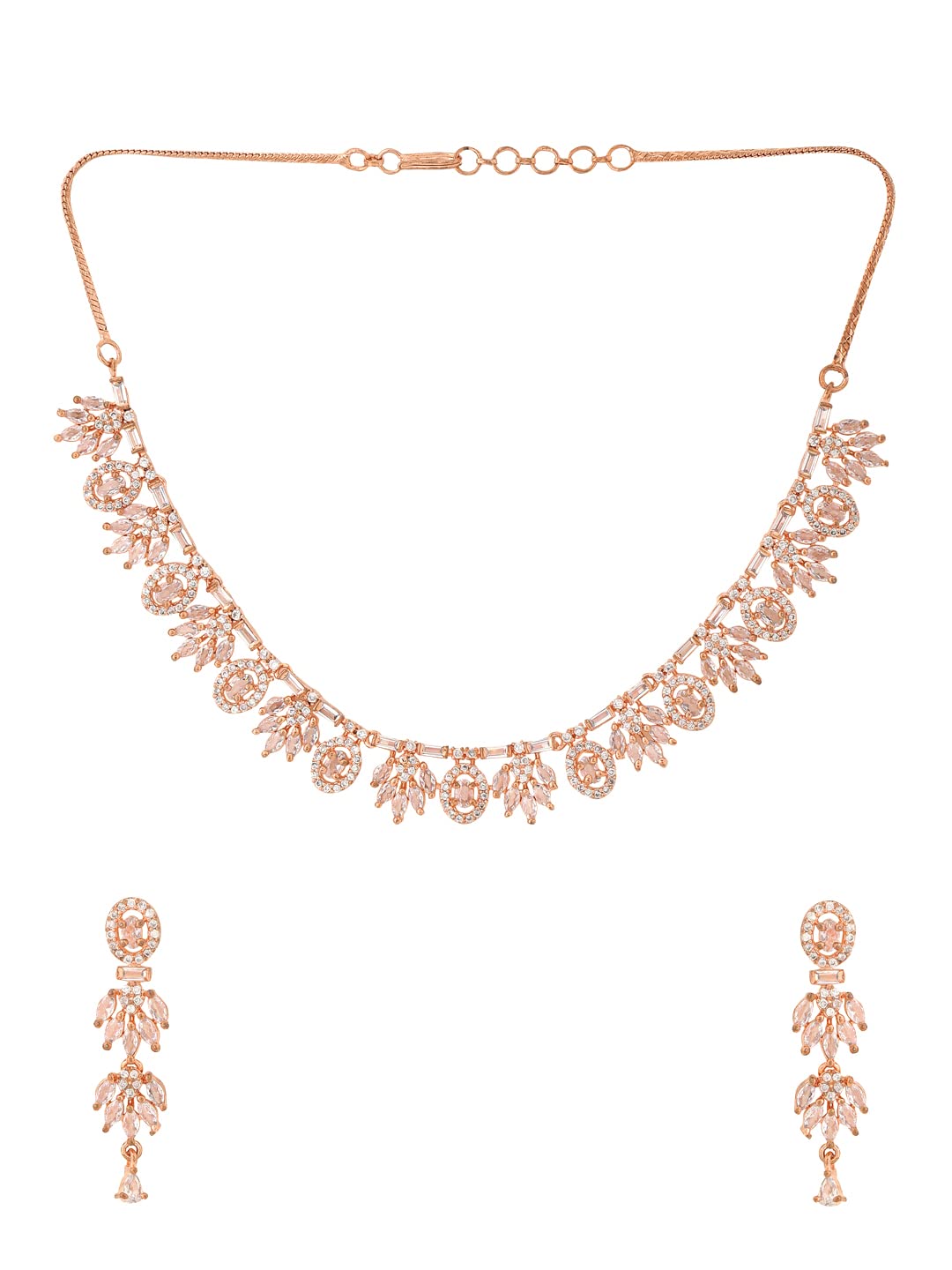 Yellow Chimes American Diamond Rosegold Plated Brass Jewellery Set For Women | Ideal For Wedding Events Anniversary Gifting | Suited For Traditional & Western Attire | Rose Gold AD Necklace Set