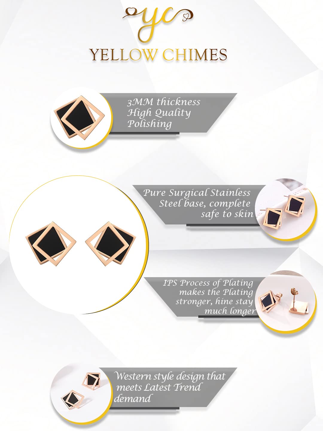 Yellow Chimes Stud Earrings for Women Western Rose Gold Plated Stainless Steel Black Square Studs Earrings For Women and Girls