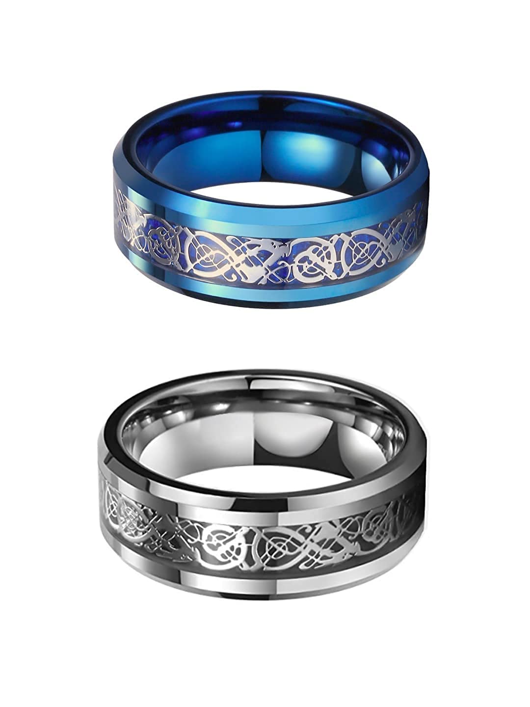 Yellow Chimes Rings for Men 2 Pcs Combo Silver and Blue Colored Dragon Celtic Inlay Polish Finish Titanium Steel Band Designed Rings for Men & Boys