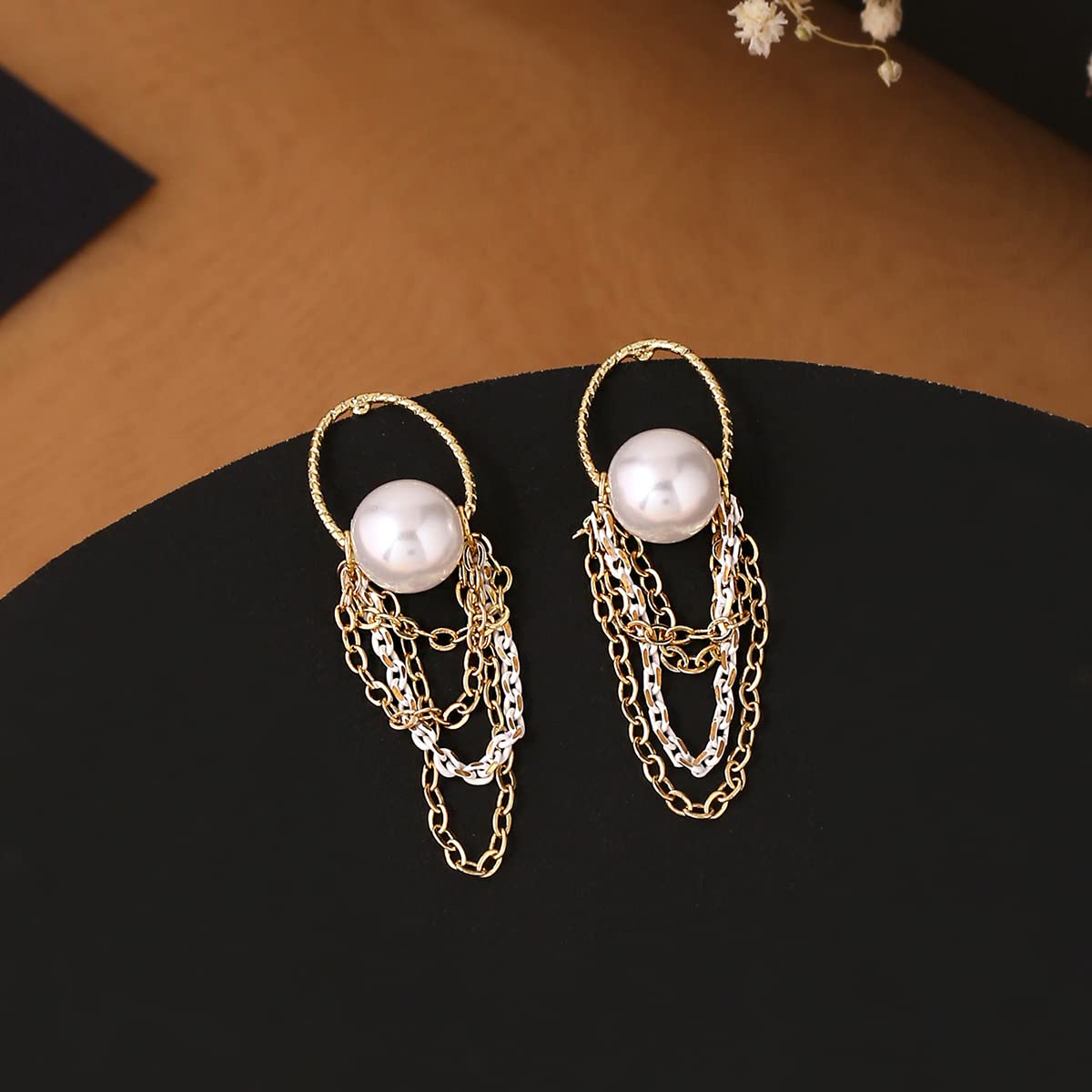 Yellow Chimes Earrings For Women Gold Tone Triple Layered Chain Pearl Stud Drop Earrings For Women and Girls