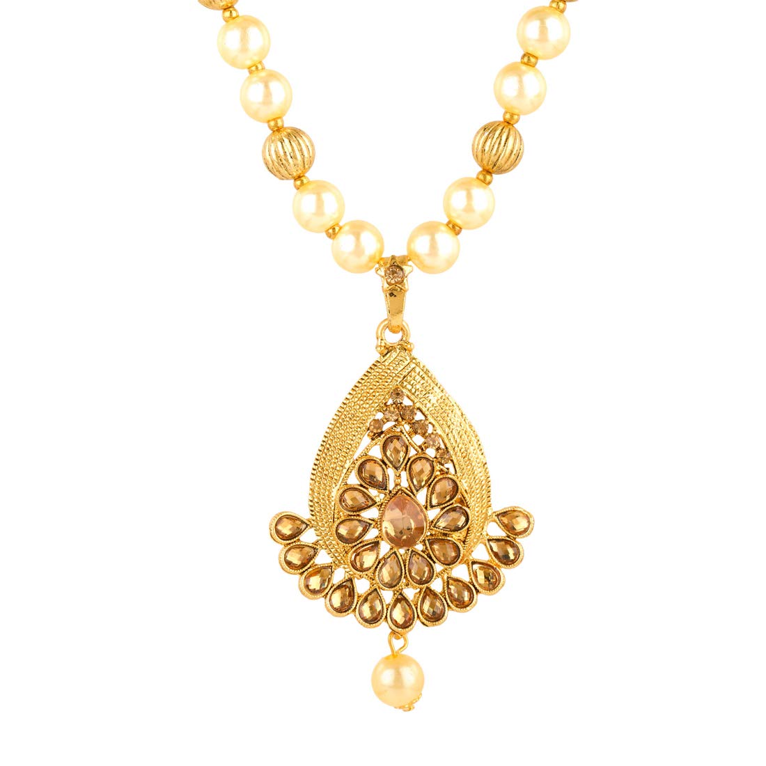 Yellow Chimes Kundan Studded Gold Plated Necklace Jewellery Set Pearl Mala Pendant Set for Women and Girls