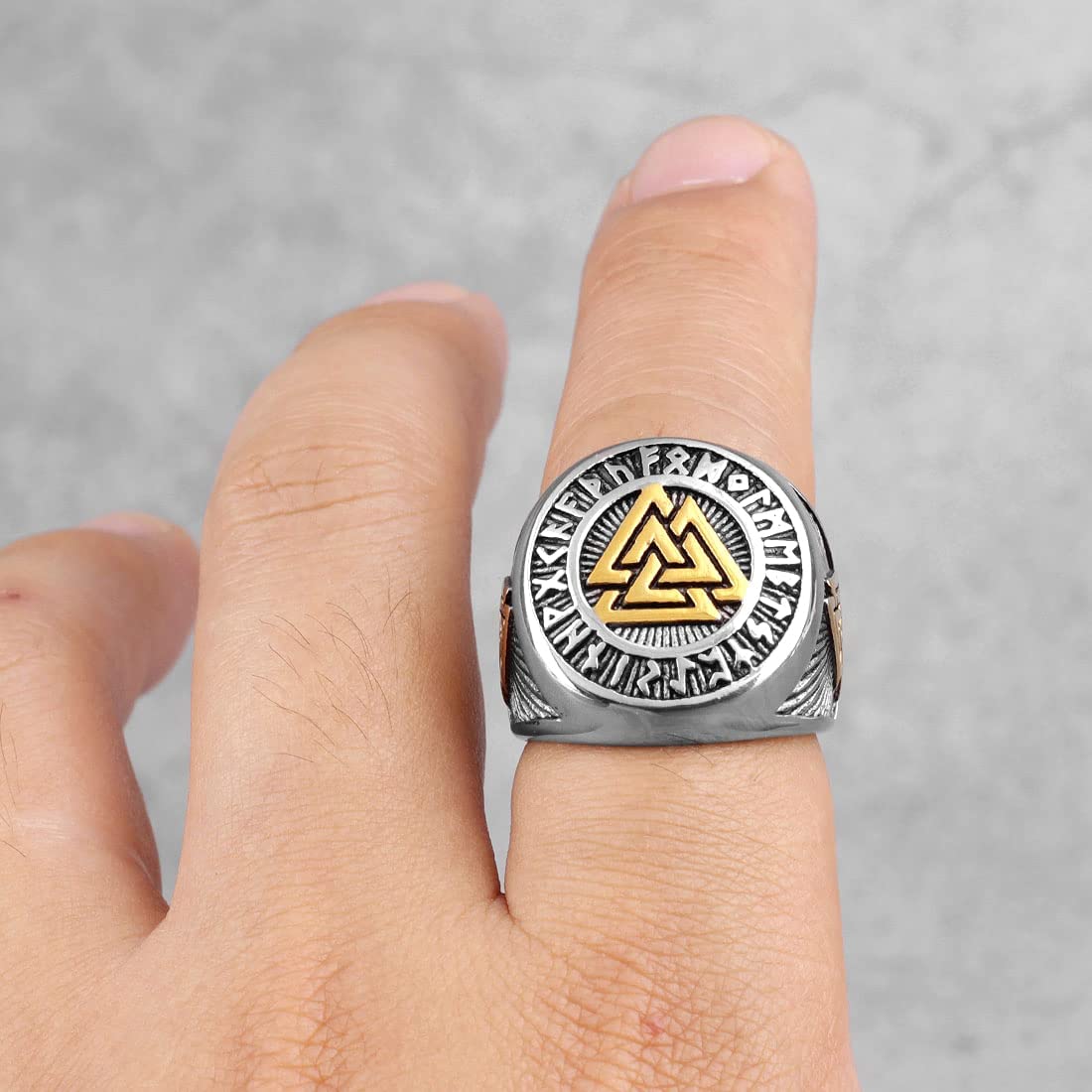 Yellow Chimes Rings for Men Stainless Steel Valknut Ring with Rune Circle Odin Symbol Band Finger Ring for Men and Boys.