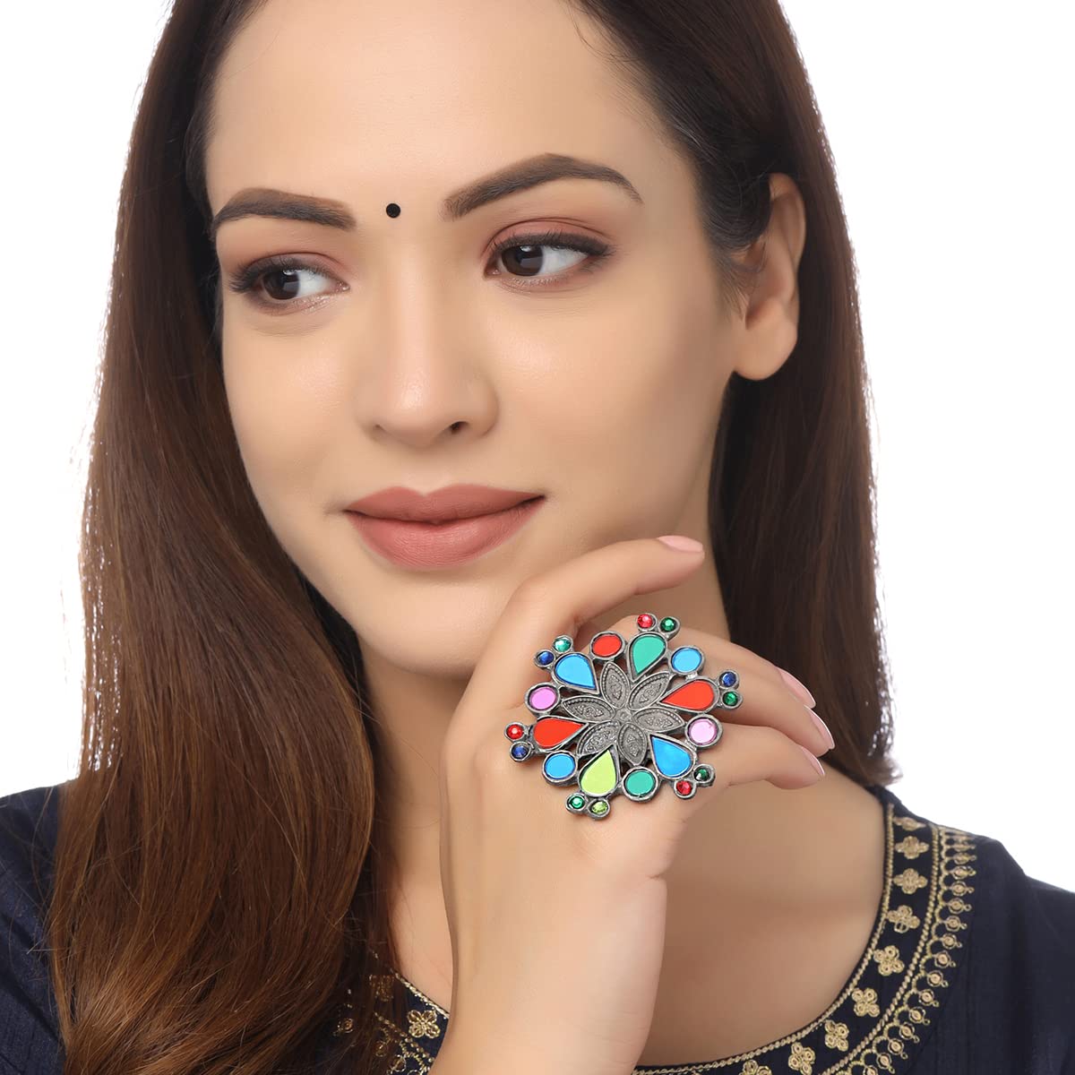 Yellow Chimes Rings For Women Afgahni Silver Oxidised Floral Designed Multicolor Stone Studded Antique Finger Ring For Women and Girls
