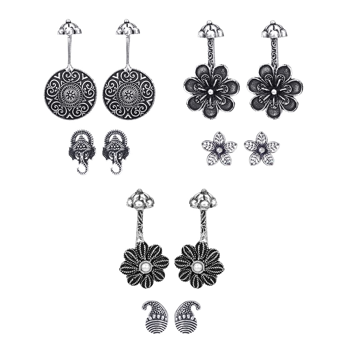 Yellow Chimes Oxidised Ear Cuffs for Women Combo of 3 Pairs Silver Oxidised Stud Earrings Floral Design Traditional Bugadi Ear Clip Earrings for Women and Girls.