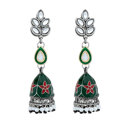 Yellow Chimes Earrings for Women and Girls Meenakari Jhumka | Silver Tone Green Meenakari Jhumki Earrings | Birthday Gift for girls and women Anniversary Gift for Wife