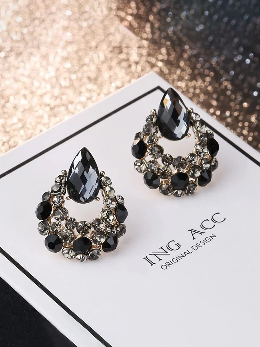 Yellow Chimes Earrings For Women Black Stone Studded Geometrical Stud Drop Earrings For Women and Girls