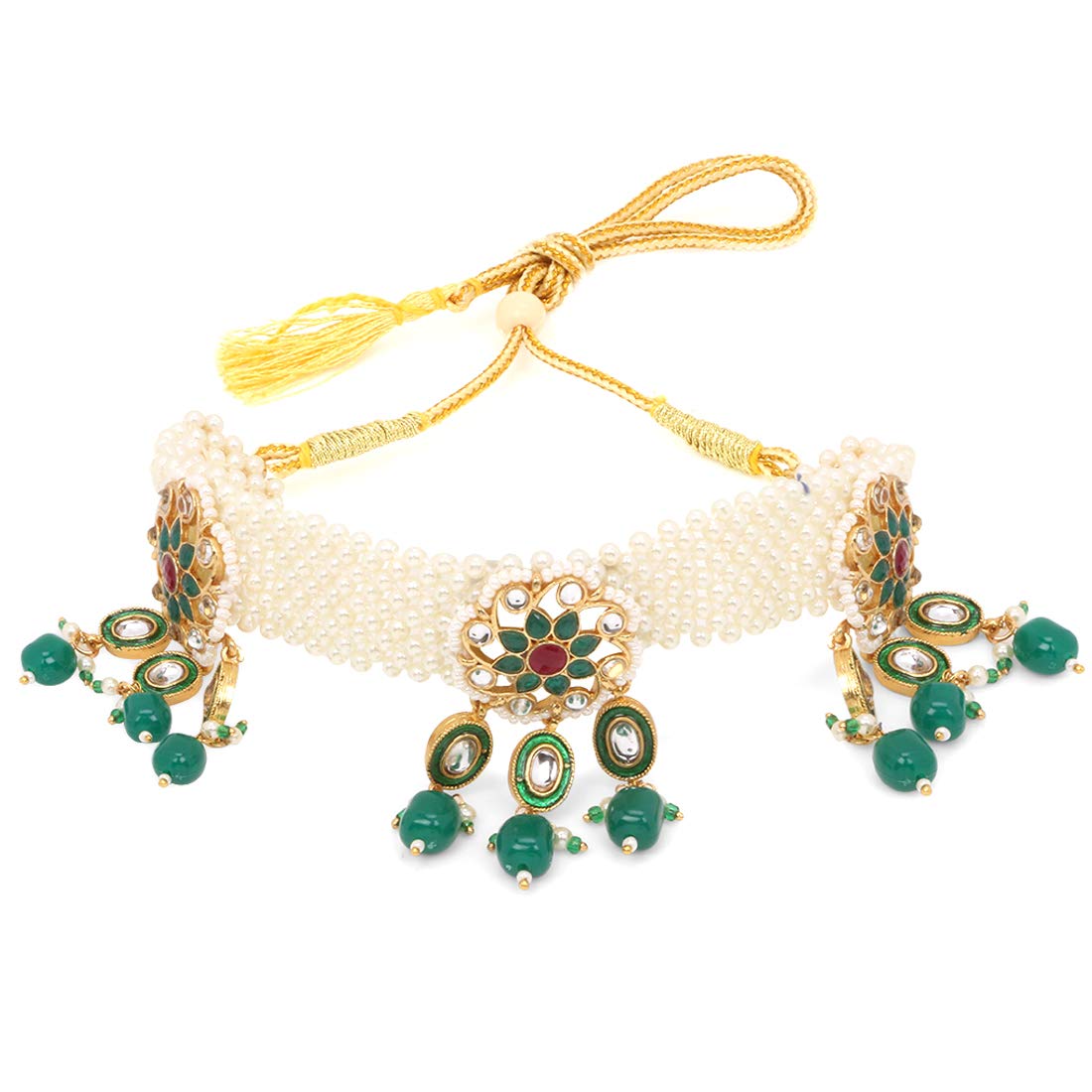 Yellow Chimes Ethnic Handcrafted Moti Green Jewellery Set Gold Plated Traditional Floral Choker Necklace Set With Maang Tikka for women & Girls (Green)