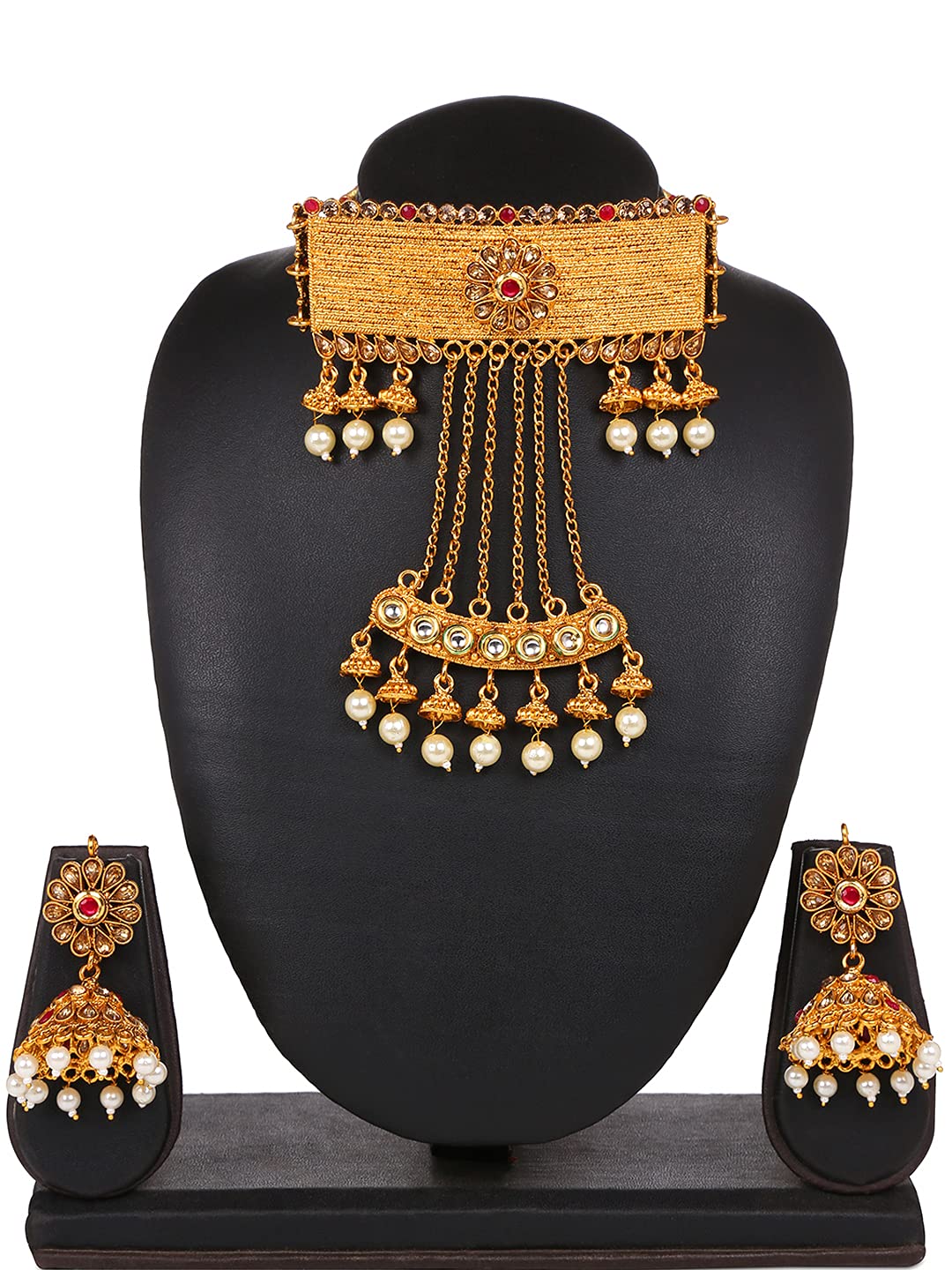 Yellow Chimes Ethnic Gold Plated Studded stones Flower Jhumka design Pearl Traditional Choker Necklace Set for Women and Girls, Medium (YCTJNS-67CKRPRL-GL)