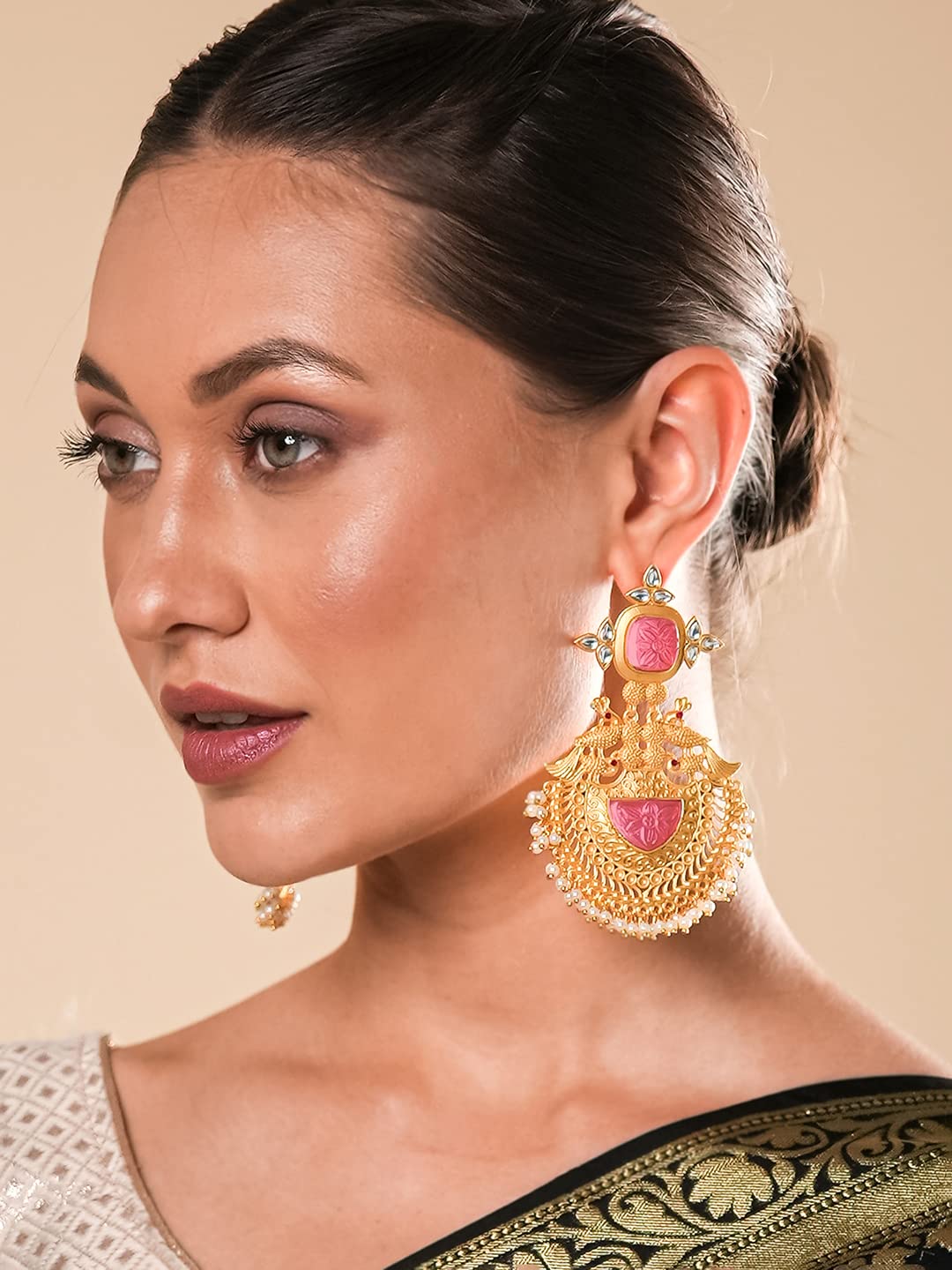 Yellow Chimes Chandbali Earrings for Women Traditional Gold Plated Peacock Shaped Long Chand Bali Earrings for Women and Girls