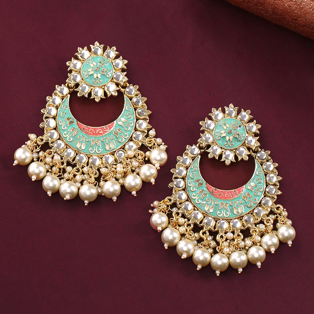 Yellow Chimes Chandbali Earrings for Women Ethnic Gold Plated Traditional Blue Meenakari Pearl Moti Chand bali Earrings for Women and Girls