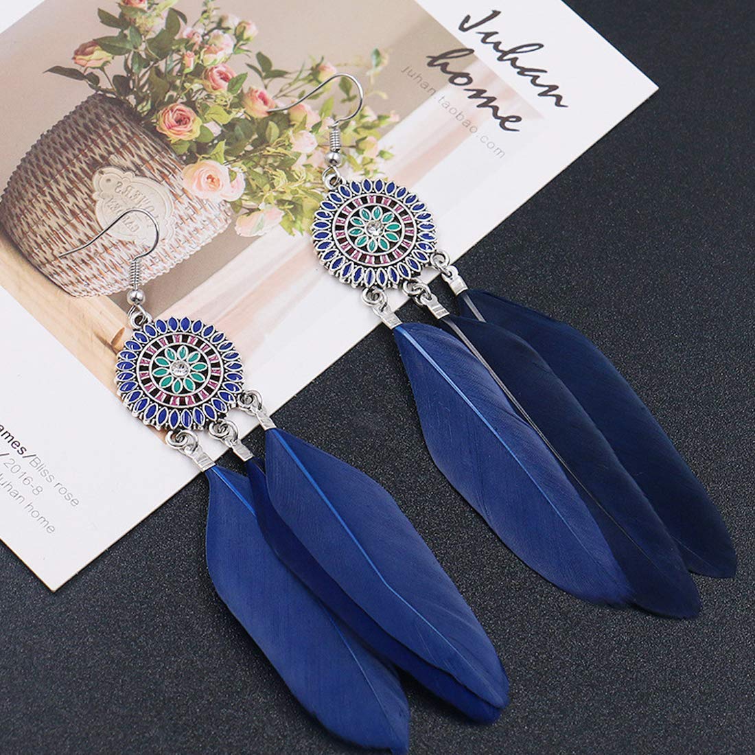 Kairangi Long Earrings for Women Blue Feather Long Tassel Earring for Women and Girls